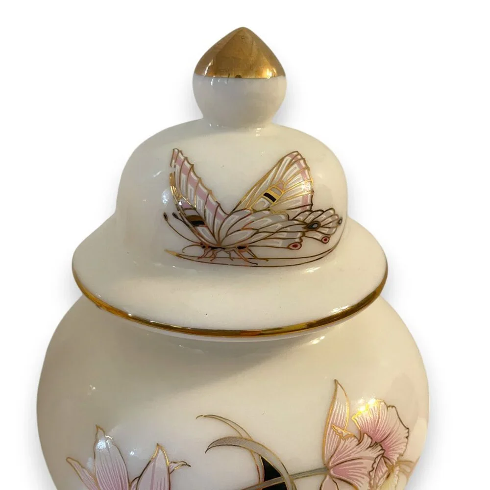 Fine China Vintage Orchid and Butterfly Vase and Ginger Jar Set
